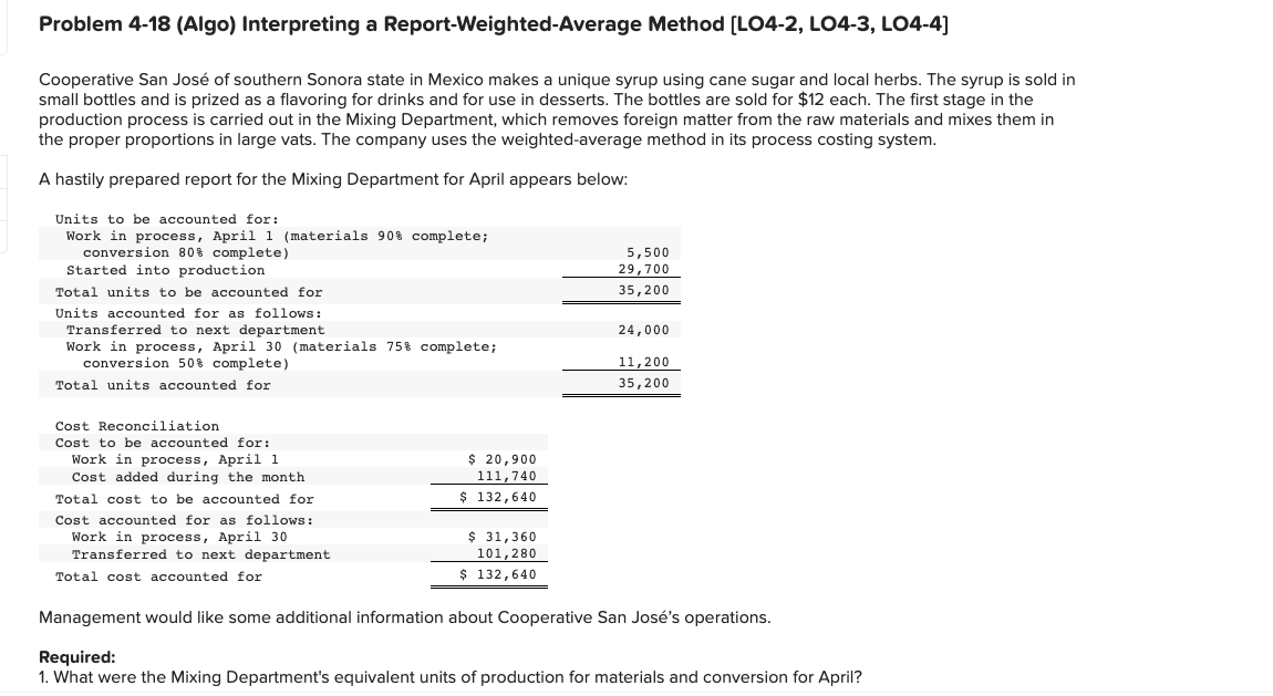  Problem 4-18 (Algo) Interpreting a Report-Weighted-Average Method [LO4-2, LO4-3, LO4-4] Cooperative