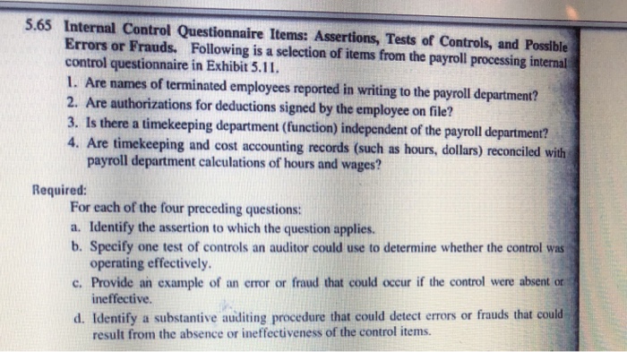  5.65 Internal Control Questionnaire Items: Assertions, Tests of Controls, and Possible