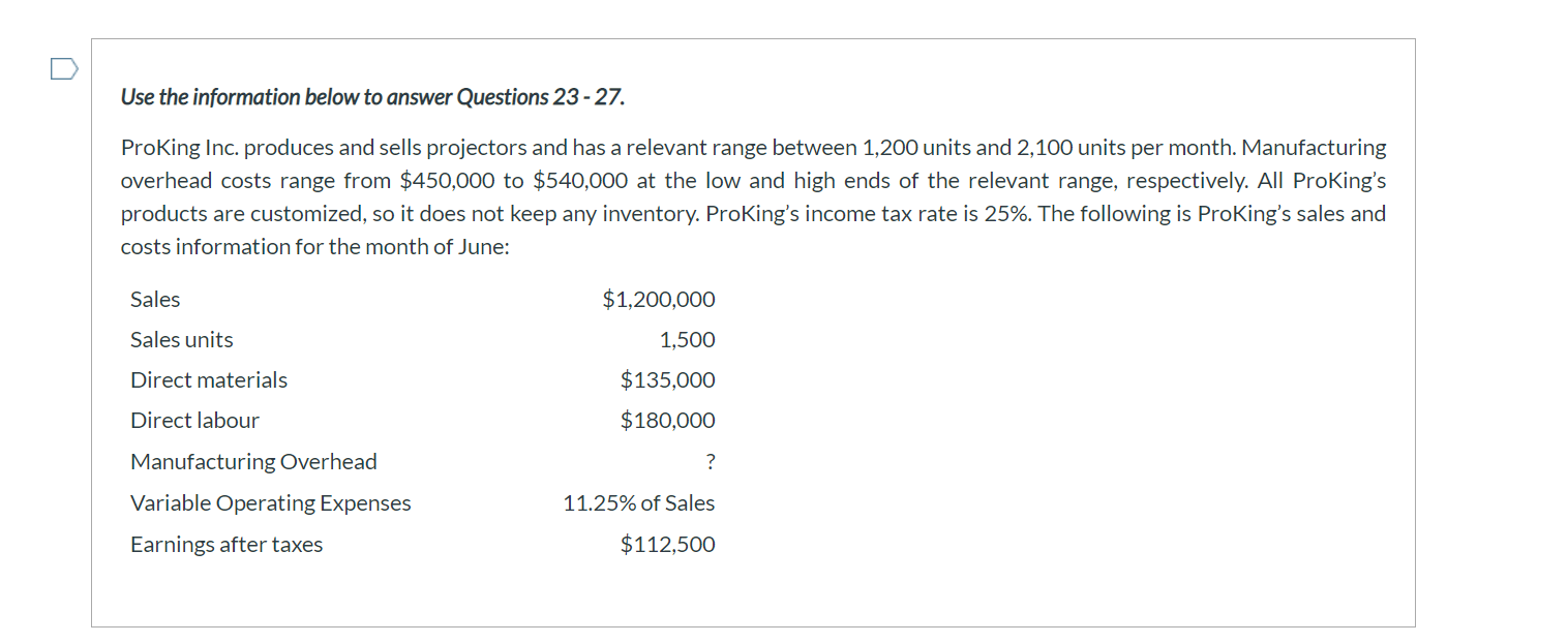 Use the information below to answer Questions 23 - 27. ProKing Inc.