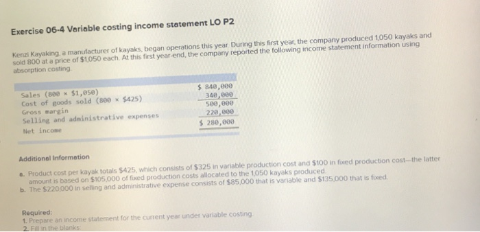  Exercise 06-4 Variable costing income statement LO P2 Kenzi Kayaking, a