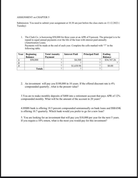  ASSIGNMENT on CHAPTER 5 Submission: You need to submit your assignment