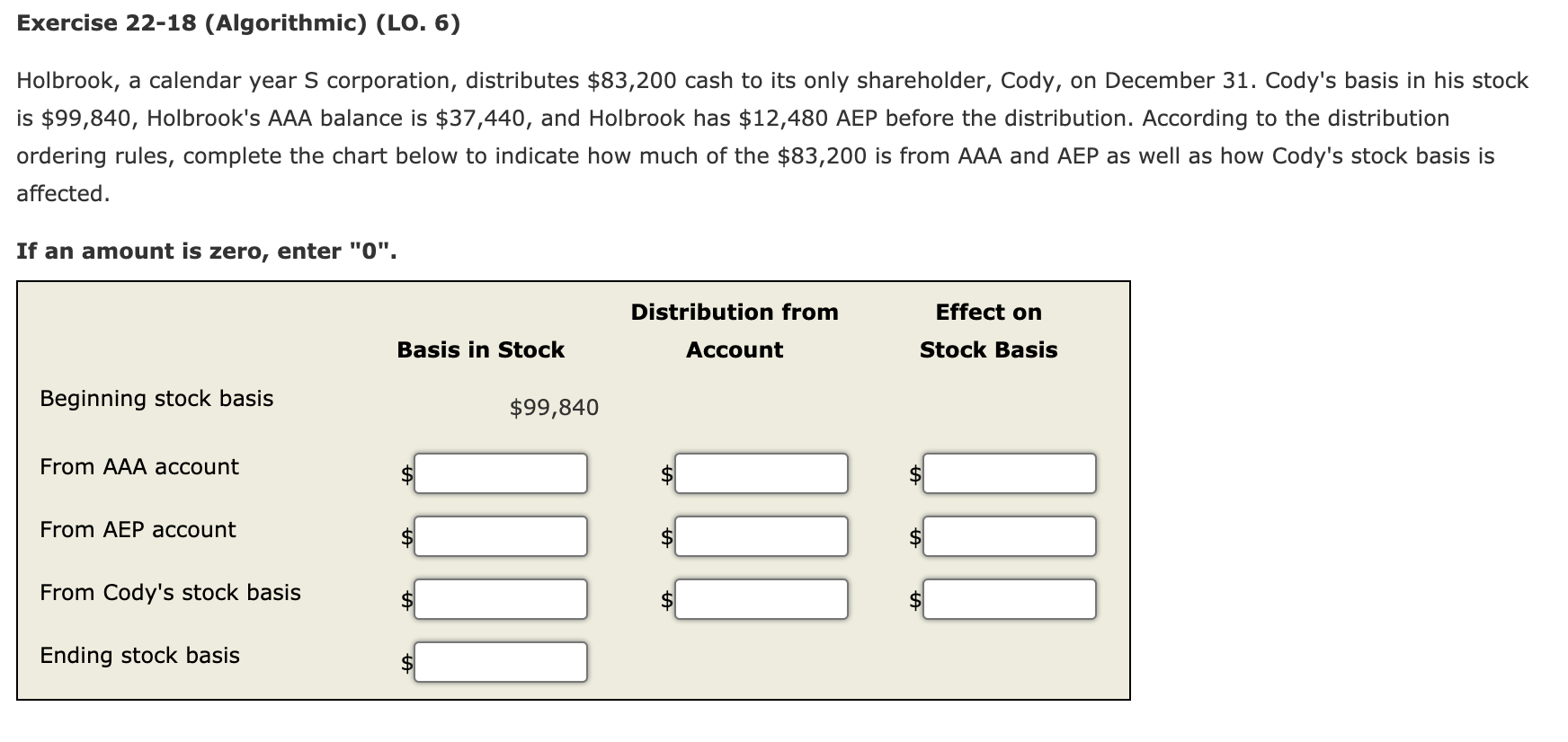  Exercise 22-18 (Algorithmic) (LO. 6) Holbrook, a calendar year s corporation,