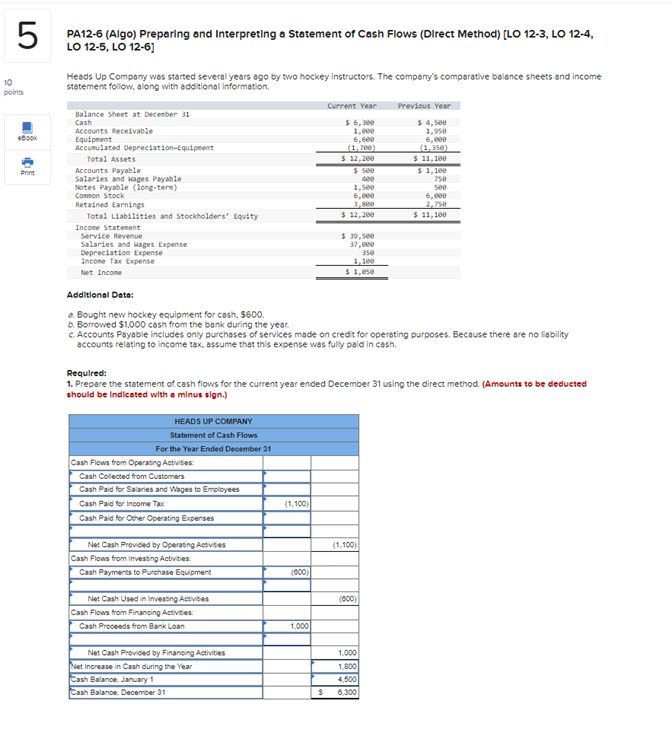  PA12-6(Algo) Preparing and Interpreting a Statement of Cash Flows (Direct Method)[LO