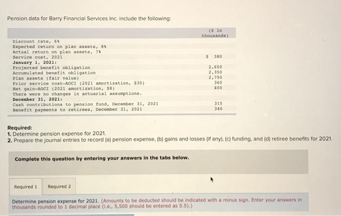  Pension data for Barry Financial Services Inc. include the following: Required: