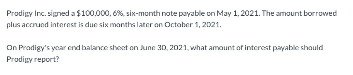 Prodigy Inc. signed a $100,000, 6%, six-month note payable on May