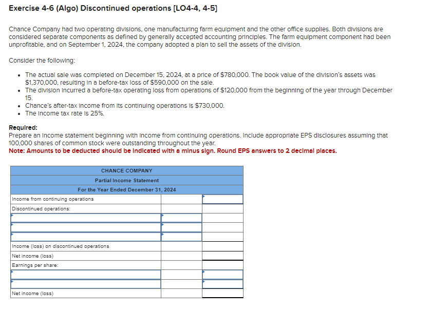  Exercise 4-6(Algo) Discontinued operations [LO4-4,4-5] Chance Company had two operating divisions,