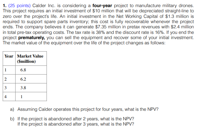 1. (25 points) Calder Inc. is considering a four-year project to
