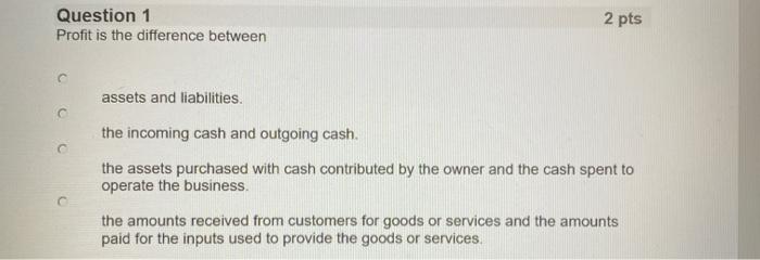 Question 1 Profit is the difference between 2 pts assets and