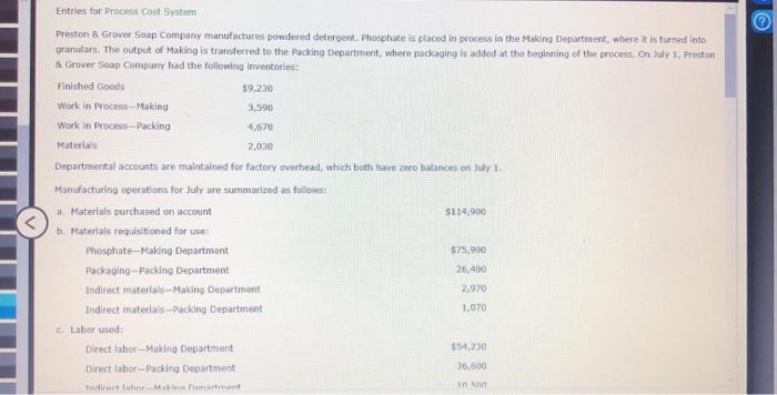  Entries for Process Cost System 2,030 Preston & Graver Soap Company