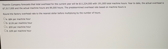  Thomlin Thomlin Company forecasts that total overhead for the current year