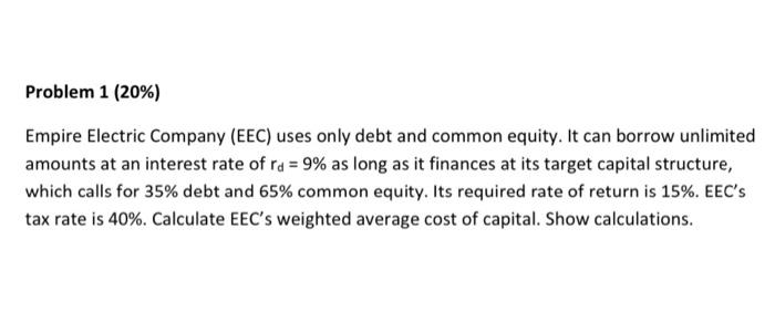  Problem 1 (20%) Empire Electric Company (EEC) uses only debt and