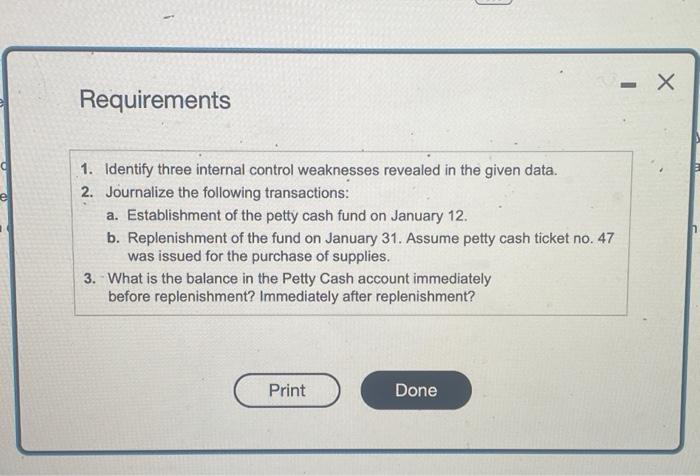 fund on January 12. b. Replenishment of the fund on January 31.