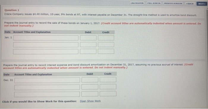  CALCULATOR FULL SCREEN PRINTER VERSION 4 BACK NEXT Question 1 Crane