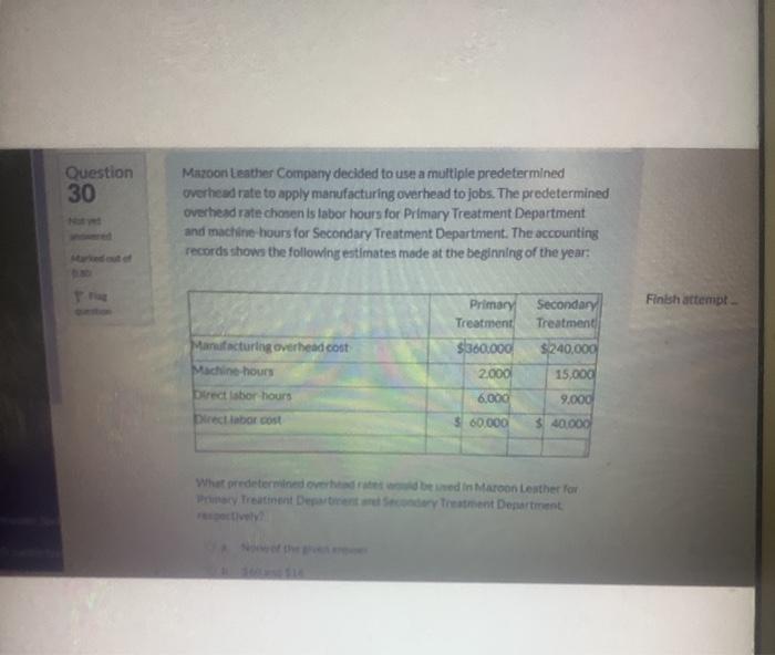  Question 30 Mazoon Leather Company decided to use a multiple predetermined