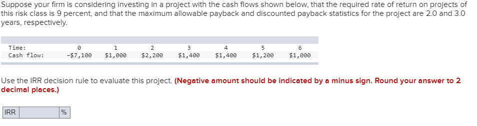 final answer to 2 decimal places.) Project E Time: Cash flow 0
