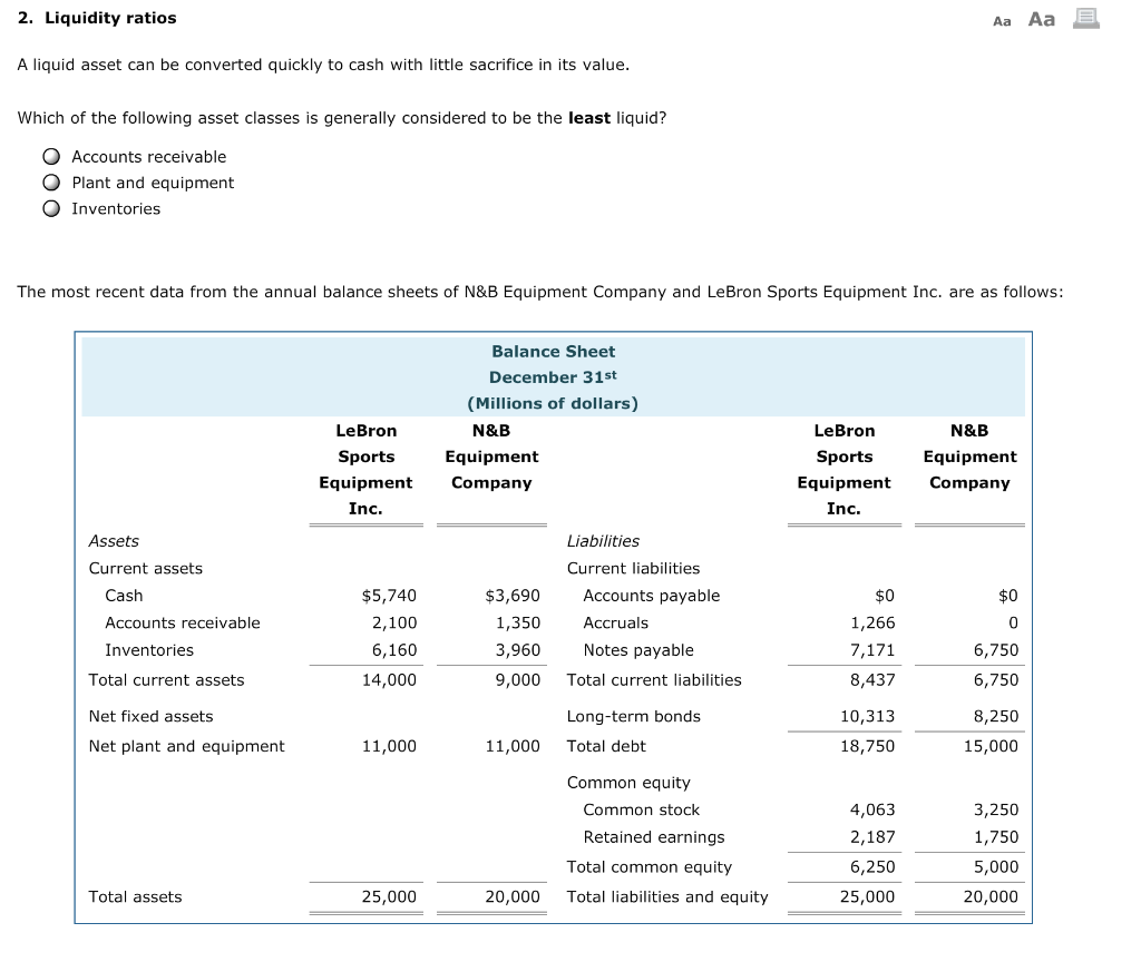  2. Liquidity ratios Aa Aa E A liquid asset can be