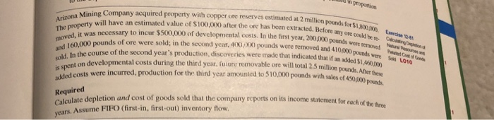  in proportion Mining Company acquired property with copper ore reserves estimated
