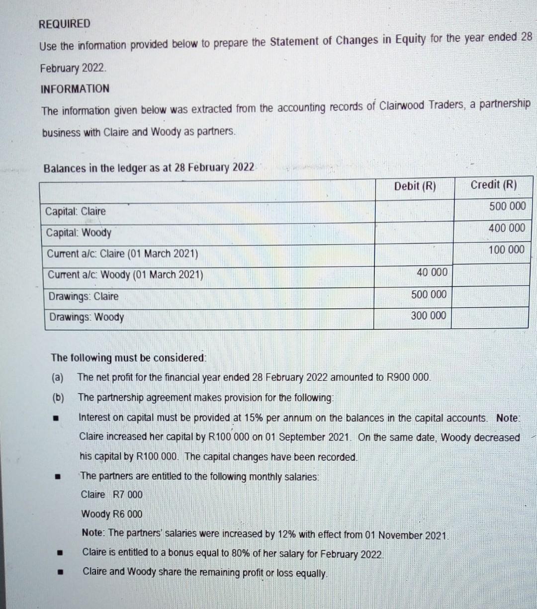 REQUIRED Use the information provided below to prepare the Statement of