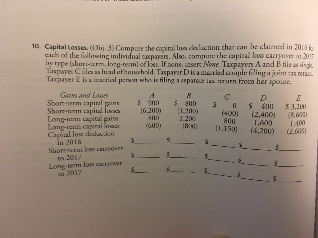 please step by step 10. Capital Losses. (Obi. 3) Compute the capital