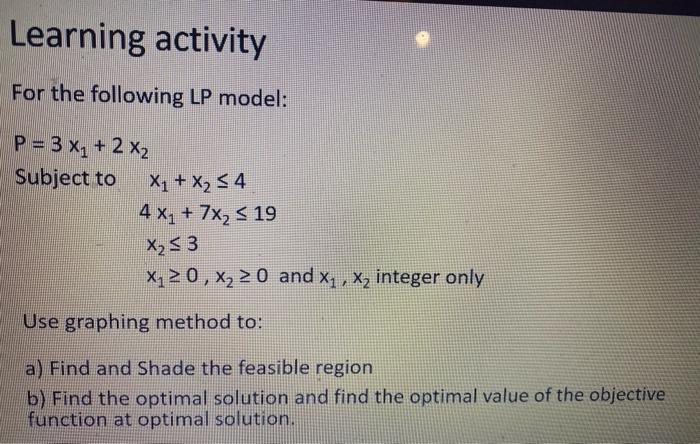  Learning activity For the following LP model: P= 3x2 + 2x2