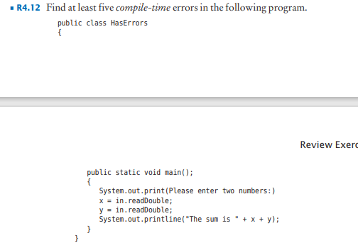 java assignment - R4.12 Find at least five compile-time errors in the