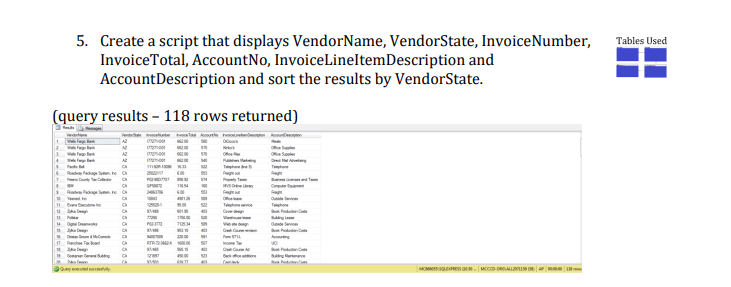 GLAccounts.AccountDescription FROM Vendors JOIN Invoices ON Vendors.VendorID = Invoices.VendorID JOIN InvoiceLineItems ON