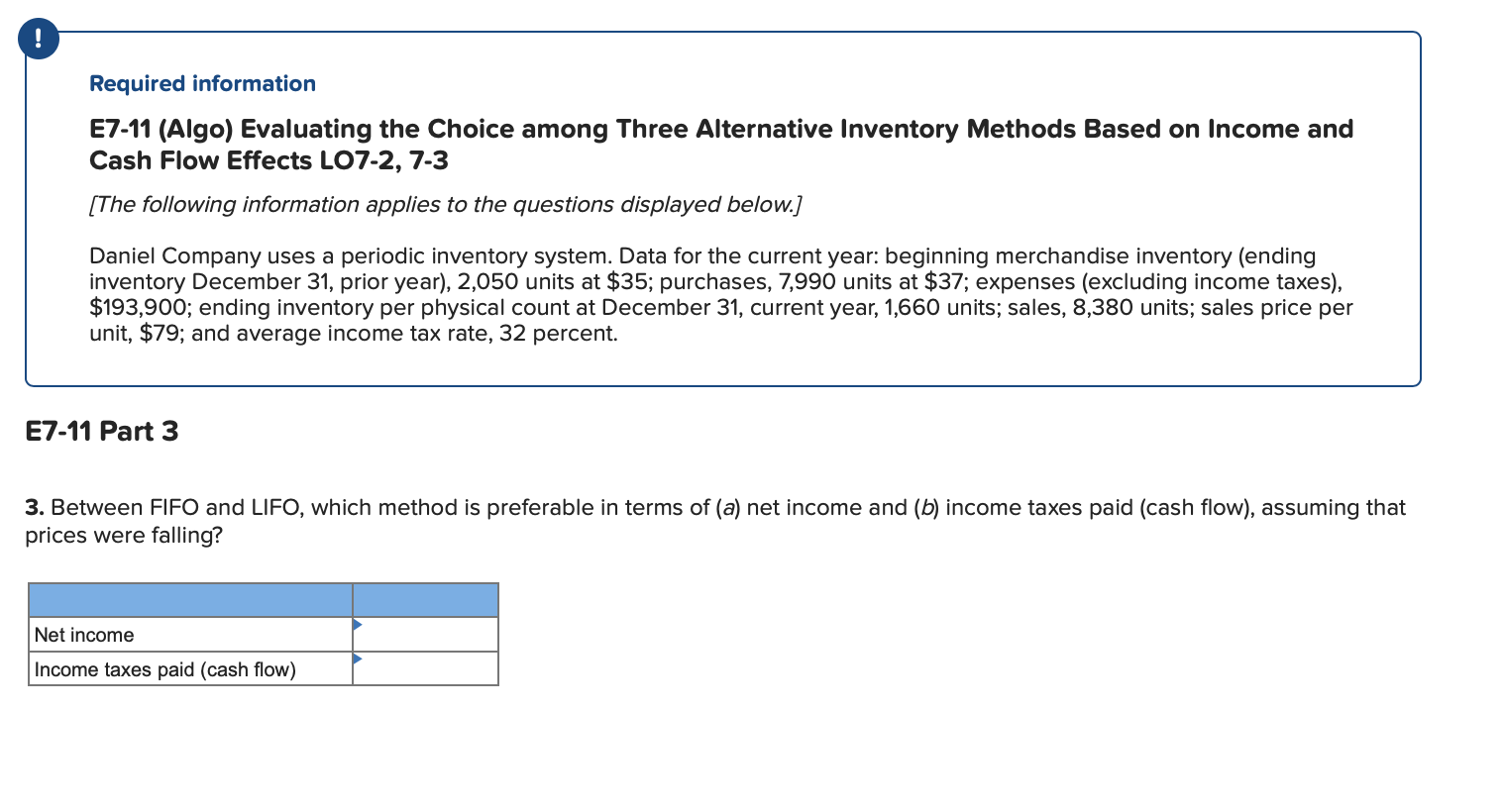  Required information E7-11 (Algo) Evaluating the Choice among Three Alternative Inventory