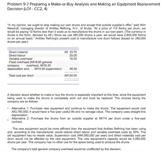  Problem 9-7 Preparing a Make-or-Buy Analysis and Making an Equipment Replacement
