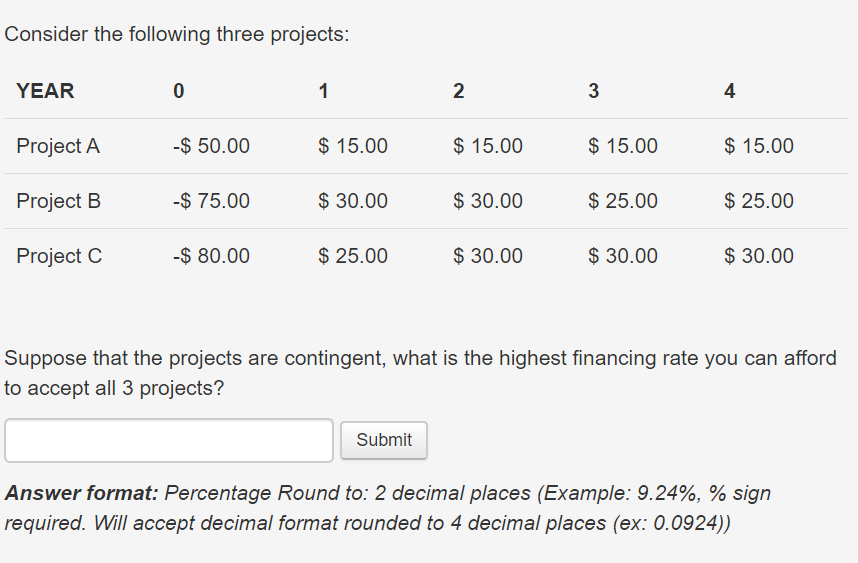  Consider the following three projects: 4 YEAR 0 1 2 3