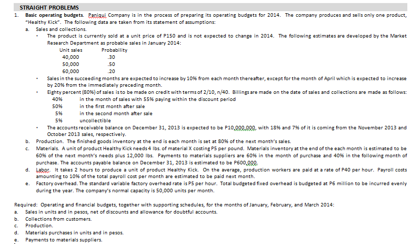  1. STRAIGHT PROBLEMS Basic operating budgets. Paniqui Company is in the