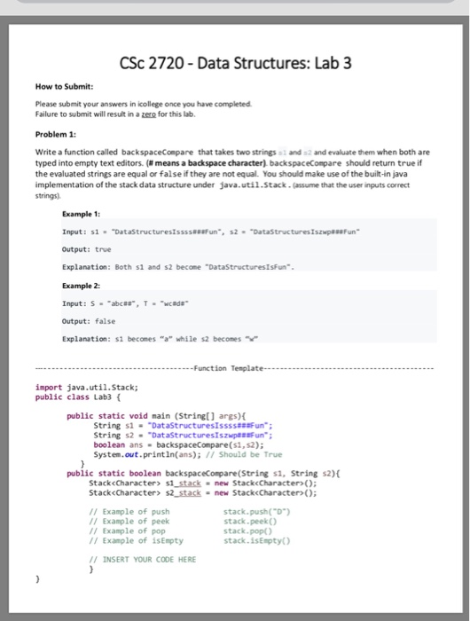  CSc 2720-Data Structures: Lab 3 How to Submit Please submit your