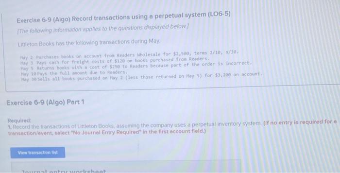  Exercise 6-9 (Algo) Record transactions using a perpetual system (LO6-5) The