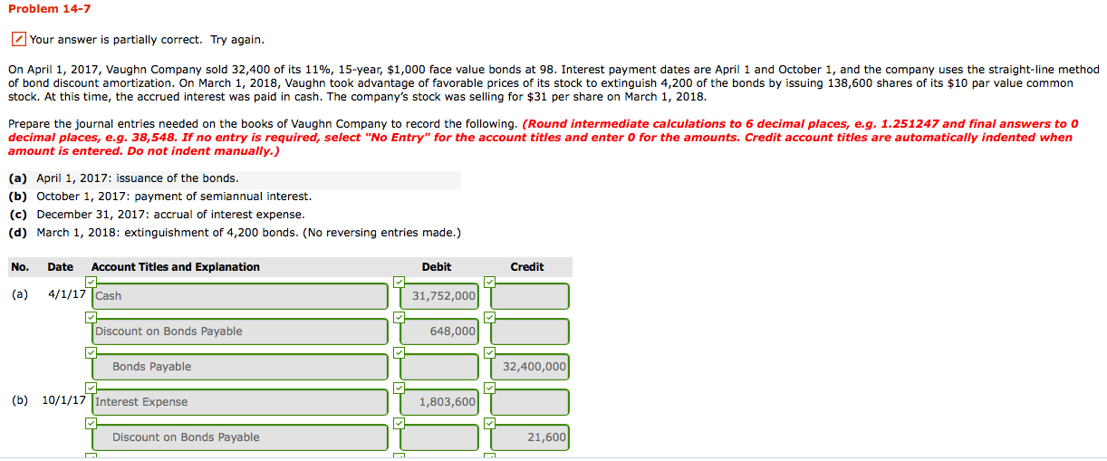 Problem 14-7 Your answer is partially correct. Try again. On April