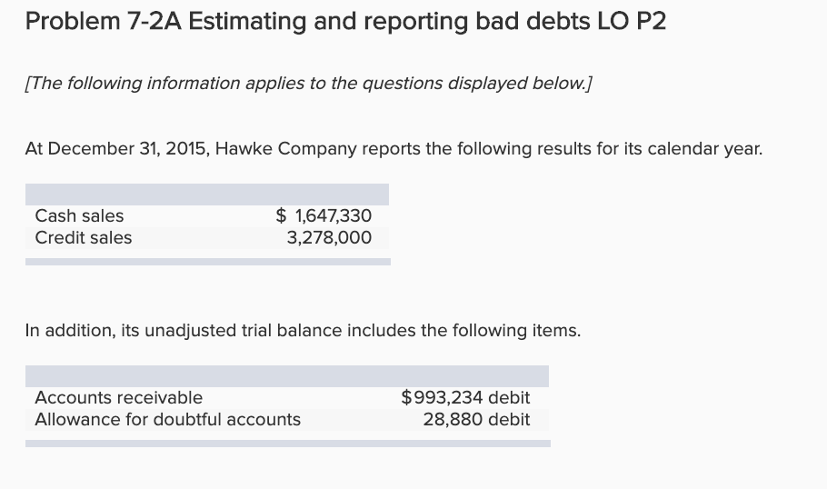  Problem 7-2A Estimating and reporting bad debts LO P2 [The following
