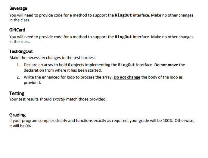 for this class to work correctly with the completed test harness public