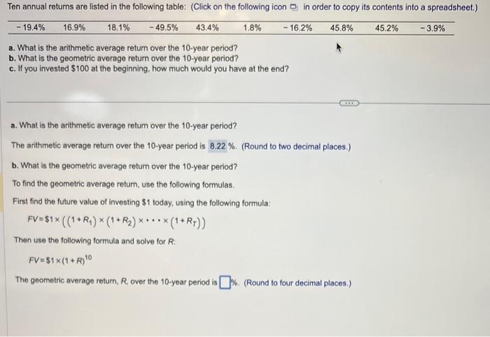 finance/ statistics a. What is the arithmetic average return over the 10