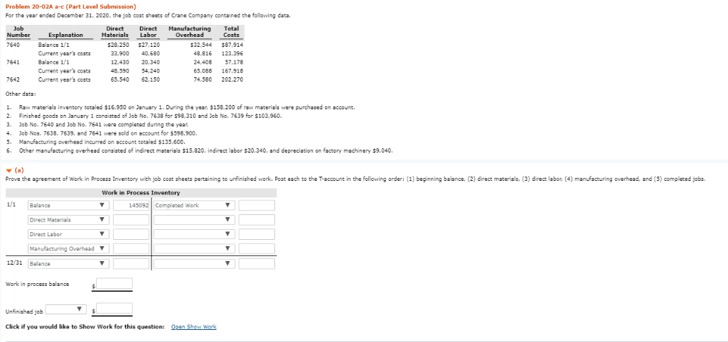  Problem 20-02A a-c (Part Level Submission) For the year ended December