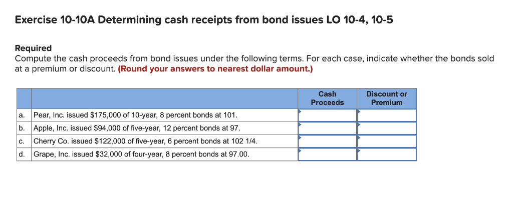  Exercise 10-10A Determining cash receipts from bond issues LO 10-4, 10-5