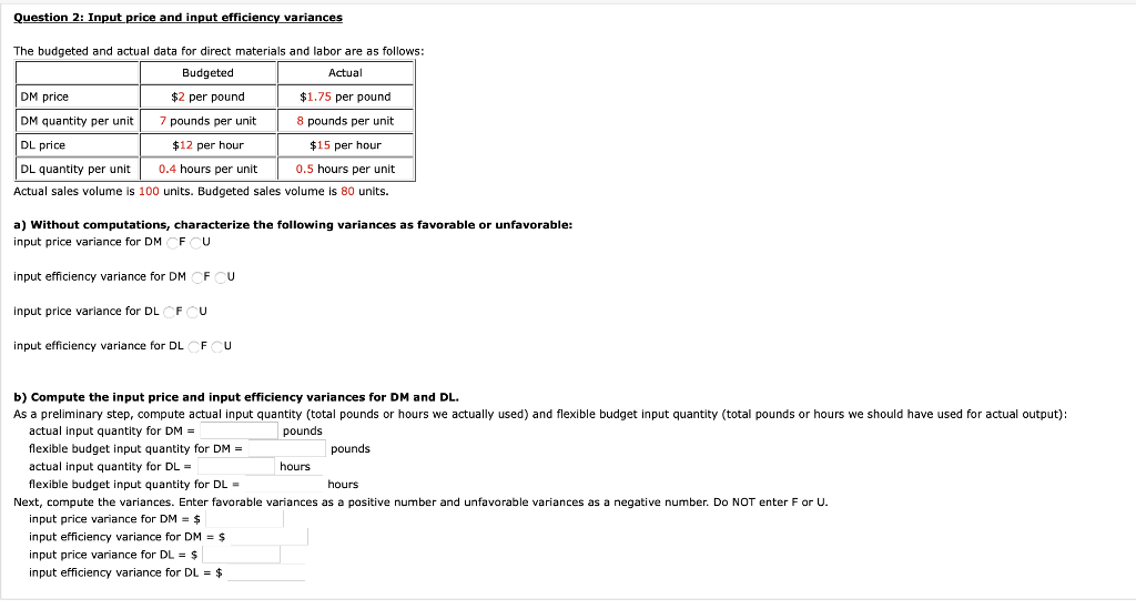 Question 2: Input price and input efficiency variances The budgeted and