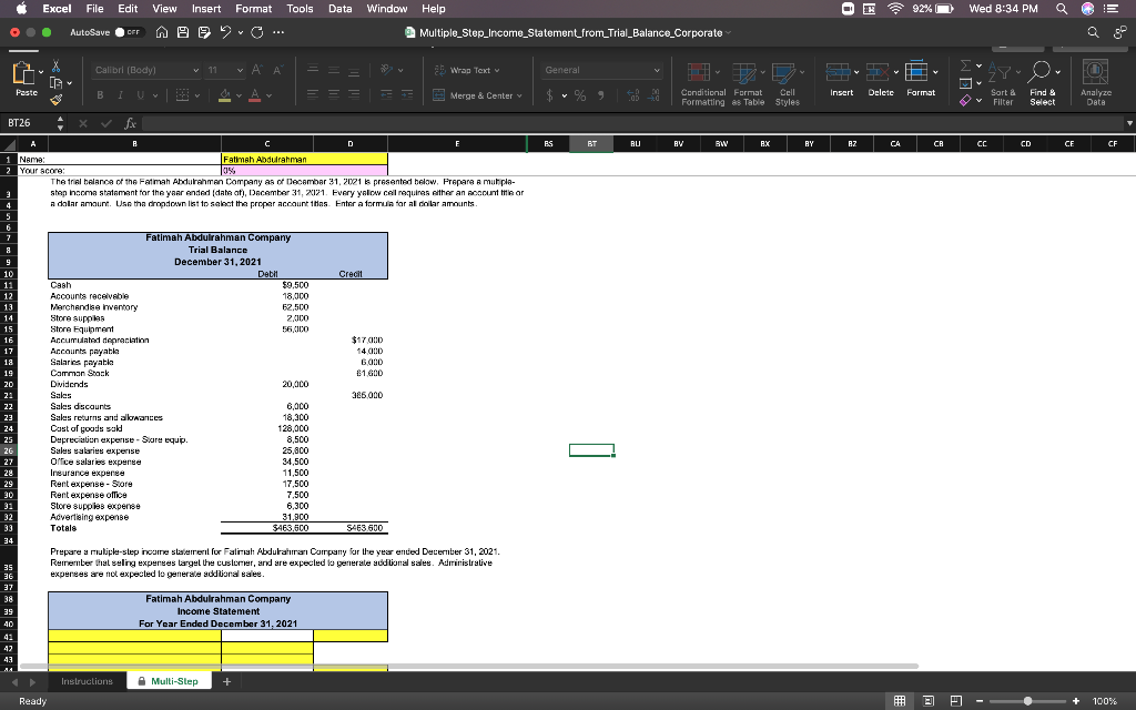 92% Wed 8:34 PM Q Excel File Edit View Insert Format