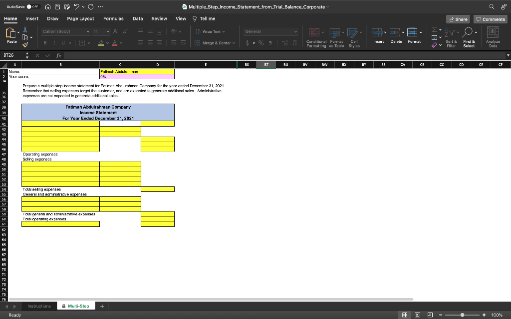 Tools AutoSave CFF A9 G ... Data Window Help Multiple_Step_Income_Statement_from_Trial_Balance_Corporate SP Calibri