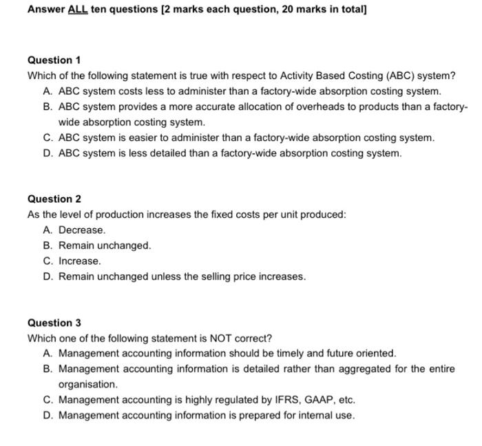  Answer ALL ten questions [2 marks each question, 20 marks in