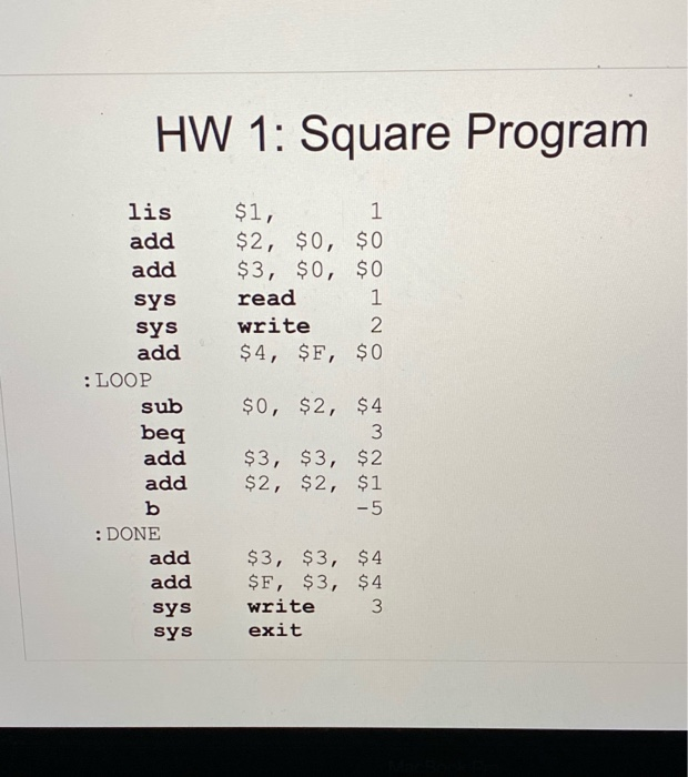  run the program HW 1: Square Program lis add add sys