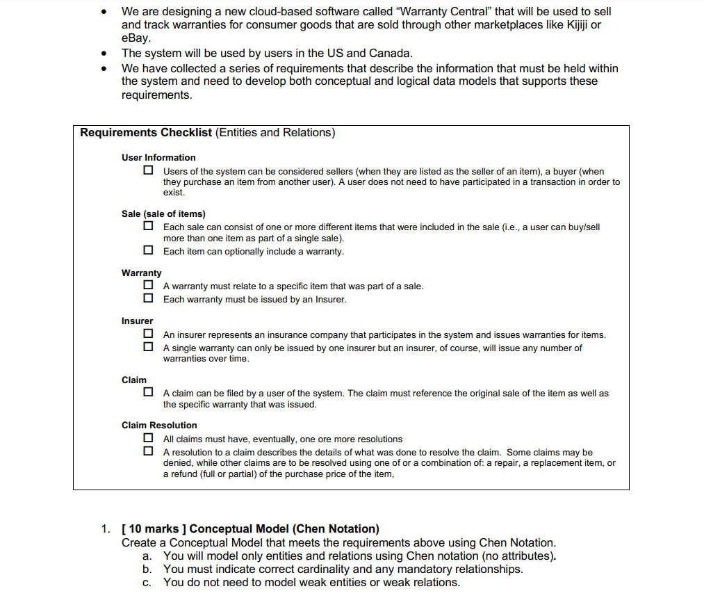  - We are designing a new cloud-based software called "Warranty Central"