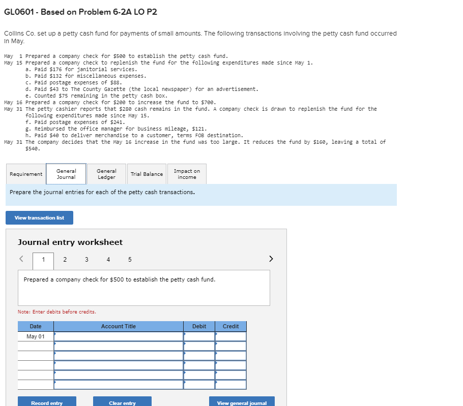 GLO601 Based on Problem 6-2A LO P2 Collins Co. set up