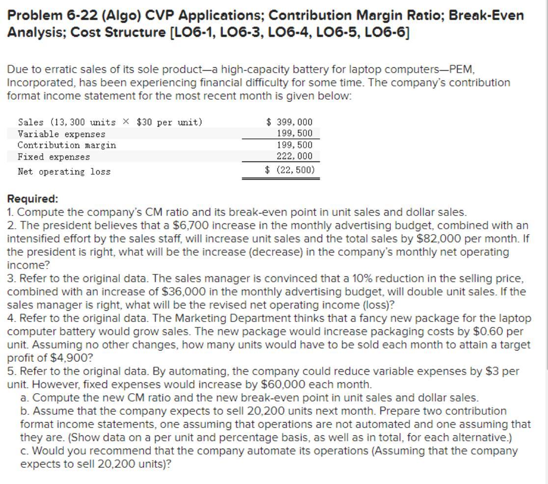 Problem 6-22 (Algo) CVP Applications; Contribution Margin Ratio; Break-Even Analysis; Cost