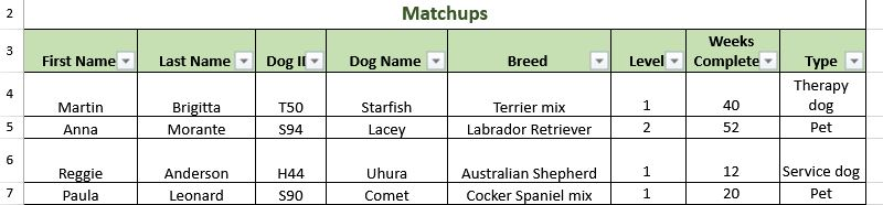  Matchups Weeks Breed LevelComplete Type First Name- Last Name-Dog 11-11 Dog