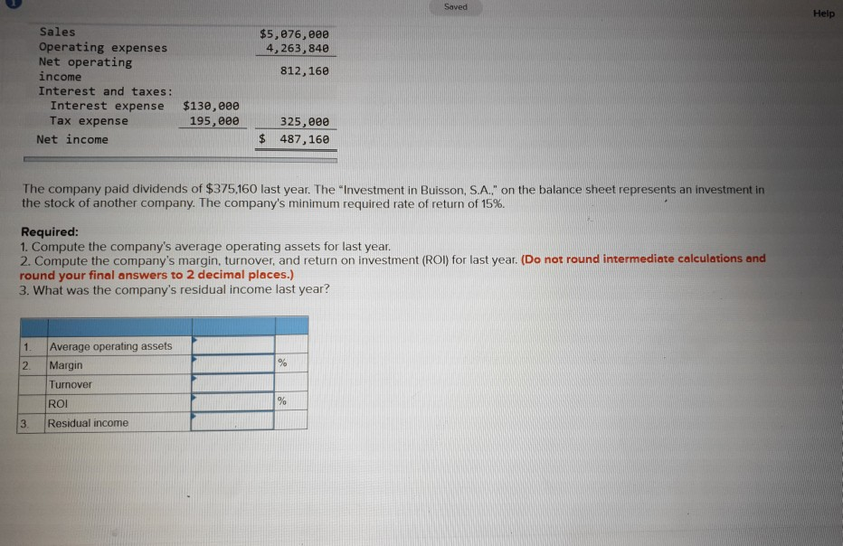 on Investment (ROI) and Residual Income (LO10-1, LO10-2] Financial data for Joel