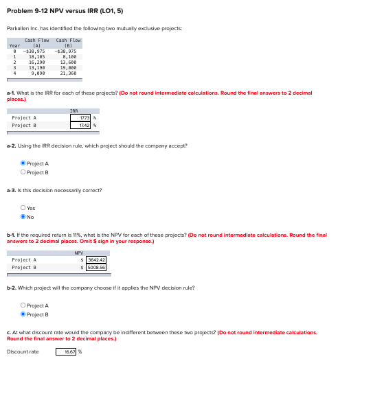  Problem 9-12 NPV versus IRR (LO1,5) Parkalien Inc. has identified the