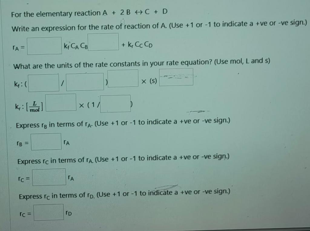 For the elementary reaction A+2BC+D Write an expression for the rate